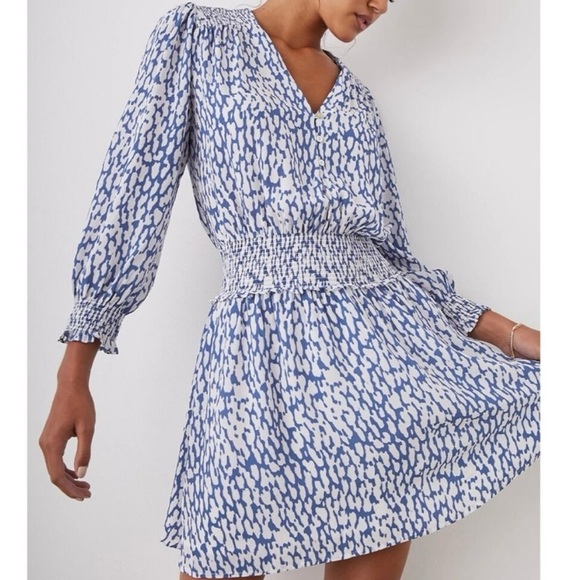 Rails Zana Smocked Long Sleeve Mini Dress Size XS Cobalt Static Leopard Print - Picture 2 of 12